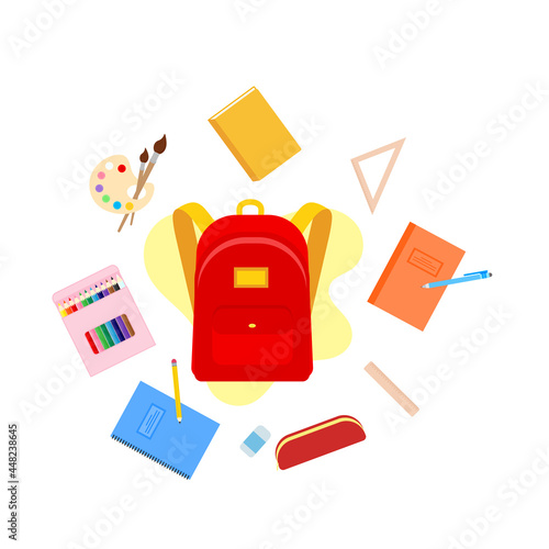 classroom school supplies stationery, pencil case, pen, pile of books, photorealistic literature,notebook, notebook textbook,school bag,Palettes and brushes in art,colored pencils. vector illustration