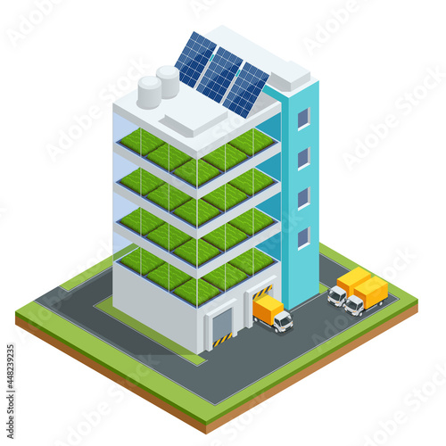 Isometric modern aeroponic hydroponics farm. Future Plant food production. Plant food production in vertically stacked layers. Fresh organic vegetable grown using aquaponic or hydroponic farming.
