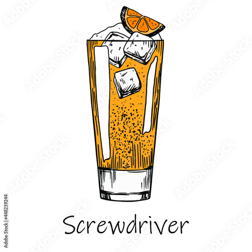 Screwdriver cocktail. Engraving. Hand drawn drink for bar and pub. Stock vector illustration.