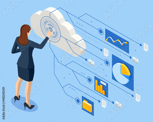 Isometric business analysis, Internet of things IoT, cloud network, research, strategy statistic, planning. Document Management System. Software for archiving, searching and managing corporate files.