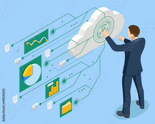 Isometric business analysis, Internet of things IoT, cloud network, research, strategy statistic, planning. Document Management System. Software for archiving, searching and managing corporate files.