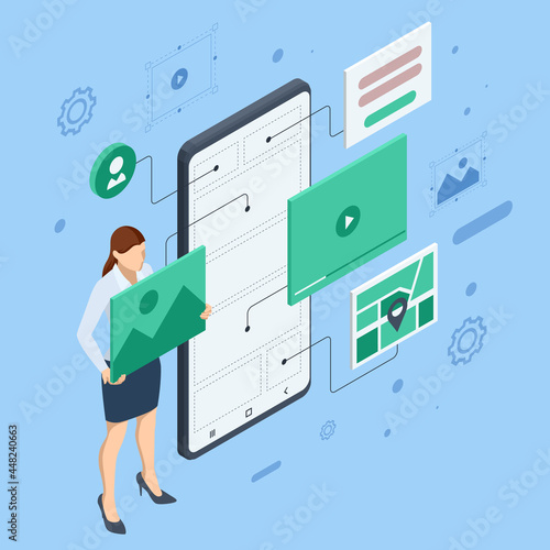 Isometric business analysis, Internet of things IoT, cloud network, research, strategy statistic, planning. Document Management System. Software for archiving, searching and managing corporate files.