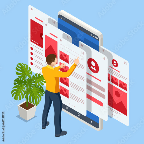 Isometric SEO analytics team concept. Website pages development. Contents creation specialist and article writers. Writing service, IT specialists, search engine optimization analysis