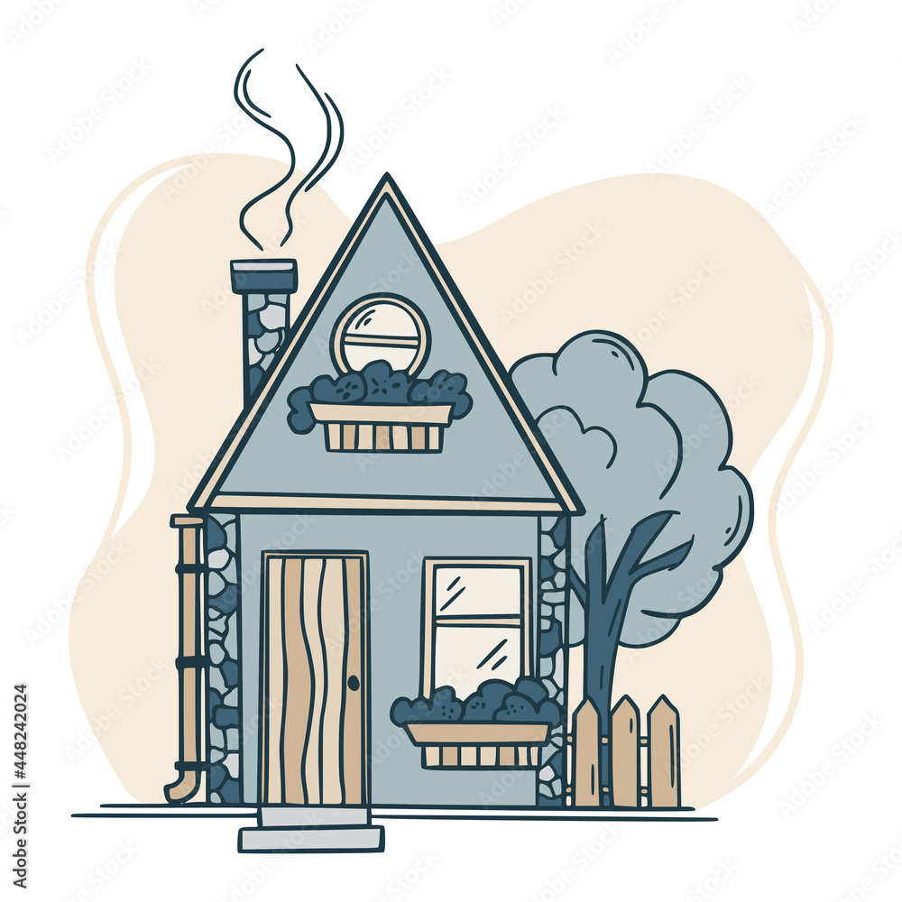 Hand drawn cute house doodle icon in black line and trendy blue color ...