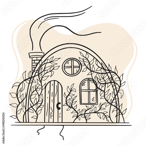 Hand drawn cute house doodle icon in black line isolated on beige and white background. Sign cartoon symbol and decoration element. Vector illustration.