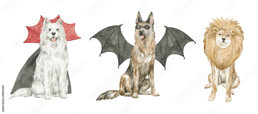 Cute watercolor dogs in halloween costumes. Samoyed, german shepherd, shiba inu in carnival costumes for autumn party. Devil, bat, lion