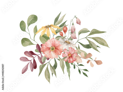 Watercolor bouquet with autumn bright flowers and leaves  floral arrangements. Romantic floral template for wedding invitations