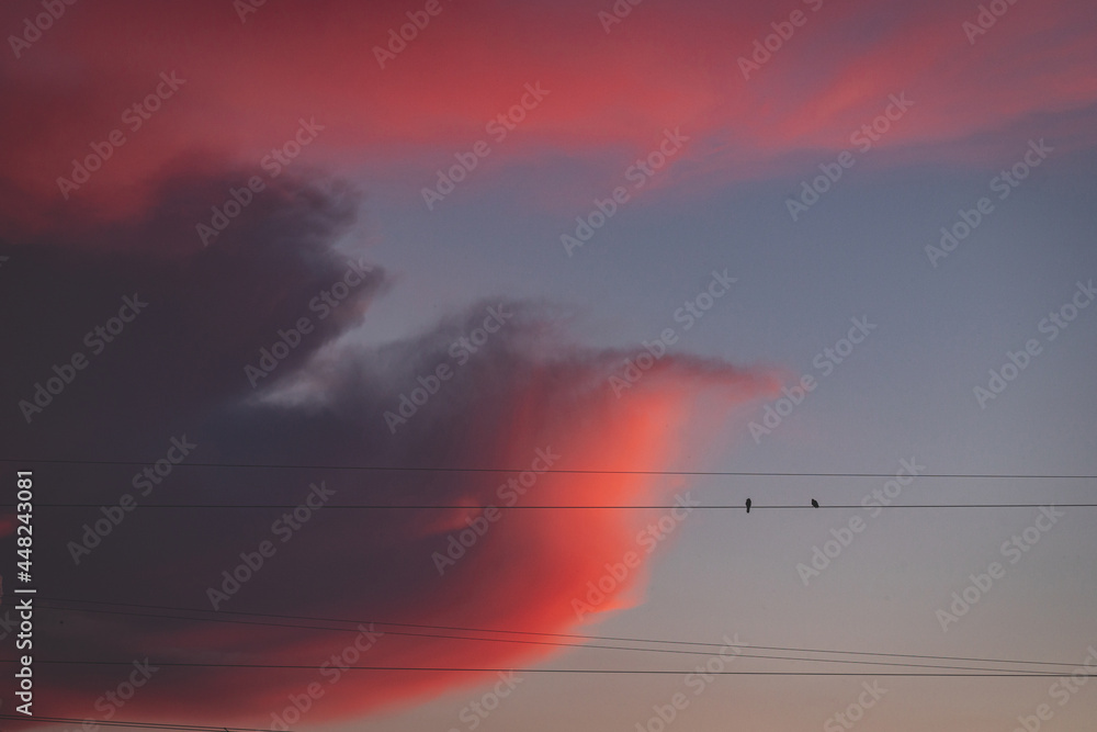 dramatic red sunset with huge clouds. Birds sitting on electric transit wire. Blue sky. dramatic red sunset with huge clouds. Birds sitting on electric transit wire. Blue sky.