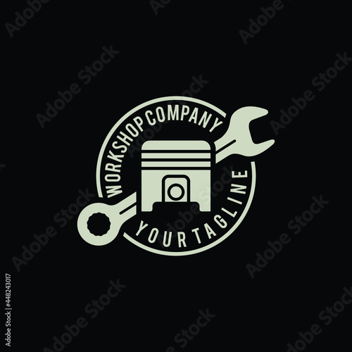 label workshop car repair, wrench, piston, vintage vector. for car repair shop 