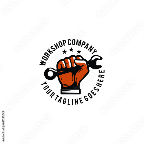 logo hand holding pass key, worksop, garage, service, tuning. for car repair shop 