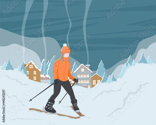 Skier young girl skiing downhill in winter in the mountains and forest. Winter mountain landscape. Flat vector illustration.