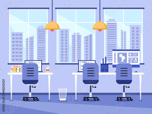 Workplace and work station flat design, Concept of working desk or office interior with furniture. Modern office room with computer, table and equipment. Work from home illustration.