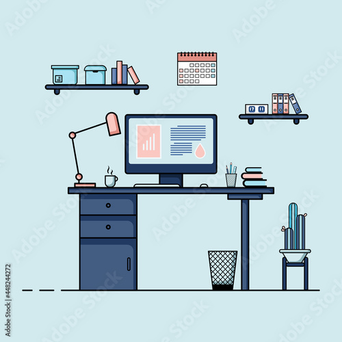 Working table flat design, Concept of working desk interior with furniture. Work room with computer, desktop, table, chair, book, and stationary equipment. Work from home cartoon illustration.