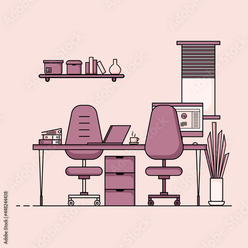 Working table flat design, Concept of working desk interior with furniture. Work room with computer, desktop, table, chair, book, and stationary equipment. Work from home cartoon illustration.