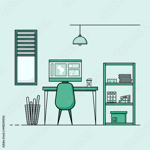 Working table flat design, Concept of working desk interior with furniture. Work room with computer, desktop, table, chair, book, and stationary equipment. Work from home cartoon illustration.