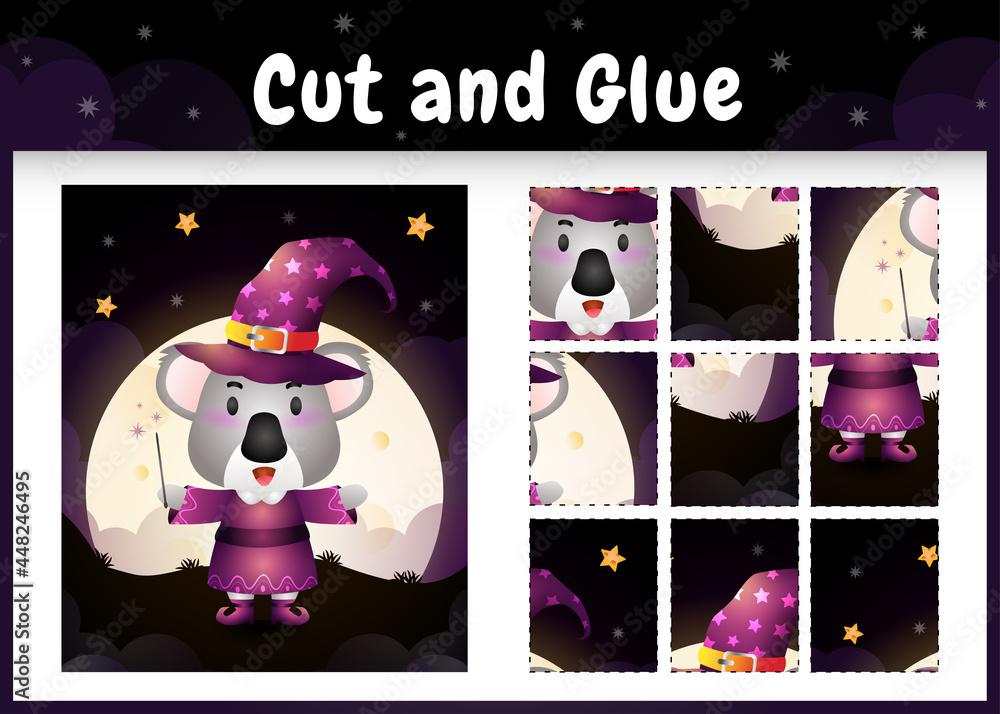 Fototapeta premium Children board game cut and glue with a cute koala using halloween costume