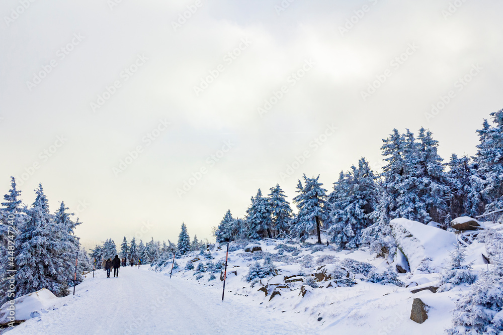 Hikers people in snowed in landscape Brocken mountains Harz Germany. Hikers people in snowed in landscape Brocken mountains Harz Germany.