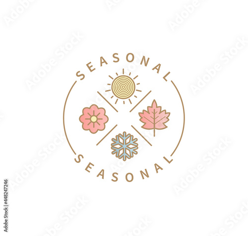 Symbols for 4 seasons. Icon set with signs for hot summer,cold winter,red autumn and green spring. Snowflake, maple leaf, sun and flower. Great template for logo, web, design. Vector illustration.