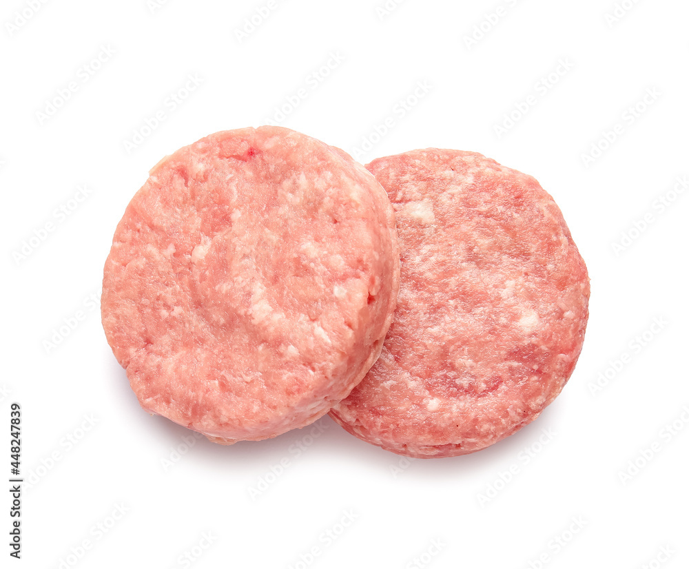 Raw cutlets made of fresh forcemeat on white background Raw cutlets made of fresh forcemeat on white background