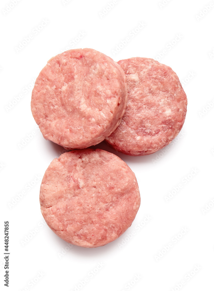 Raw cutlets made of fresh forcemeat on white background Raw cutlets made of fresh forcemeat on white background