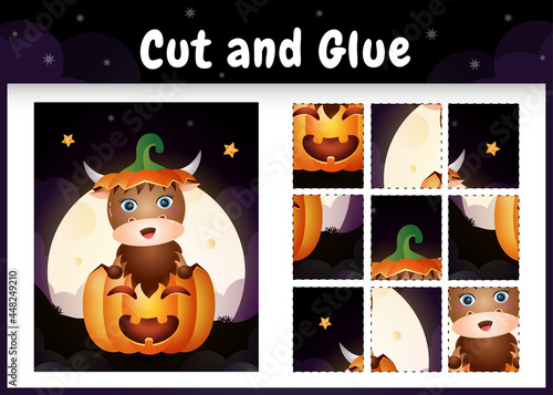Children board game cut and glue with a cute buffalo in the halloween pumpkin