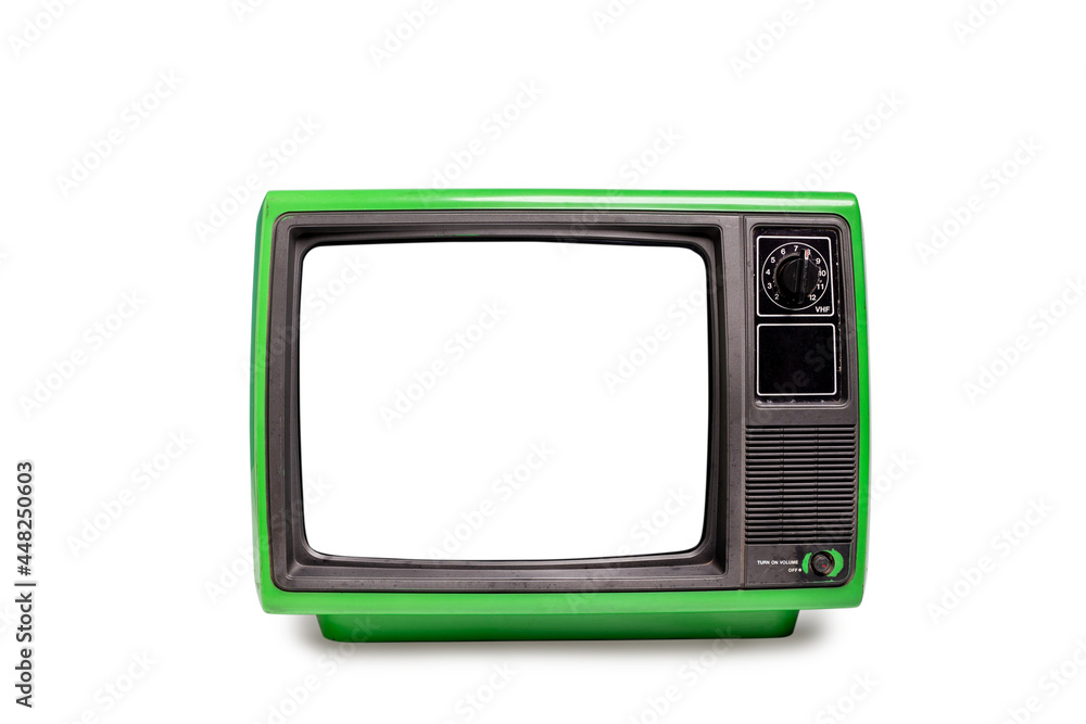 Analog old TV receiver with cut out screen isolated over white.