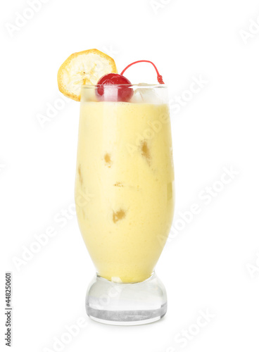 Glass of tasty banana daiquiri cocktail on white background