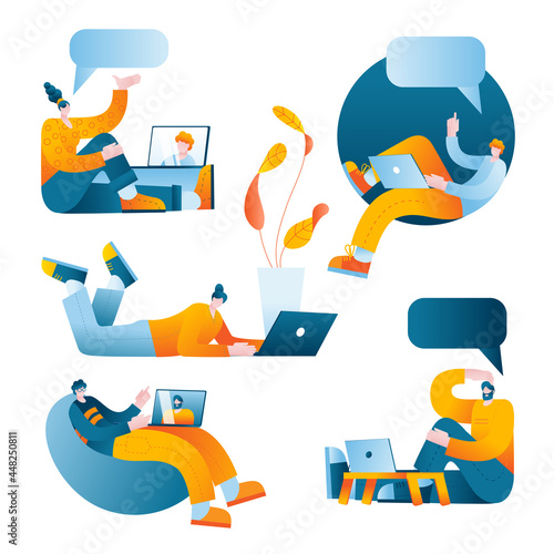 Characters with laptops communicate via video communication. A set of vector illustrations on the topic of remote promises and Internet conferences.