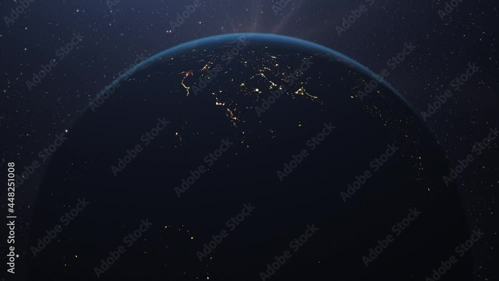 Realistic sunrise over world horizon seen from space. Rotating animation of planet Earth and rising sun in behind. Changing from night to day. Realistic sunrise over world horizon seen from space. Rotating animation of planet Earth and rising sun in behind. Changing from night to day.