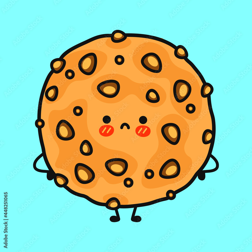 Cute sad oatmeal cookies character. Vector hand drawn cartoon kawaii character illustration icon. Isolated on blue background. Oatmeal cookies character concept Cute sad oatmeal cookies character. Vector hand drawn cartoon kawaii character illustration icon. Isolated on blue background. Oatmeal cookies character concept