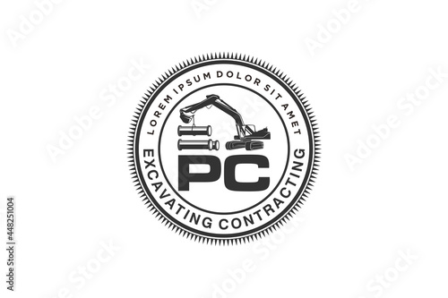 Excavator logo plumbing pipe industrial, vintage style logo.