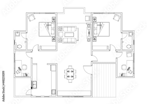 2D CAD house layout plan drawing with a double bedroom complete with bathrooms, balcony, furniture, kitchen and living room. Drawing produced in black and white. 