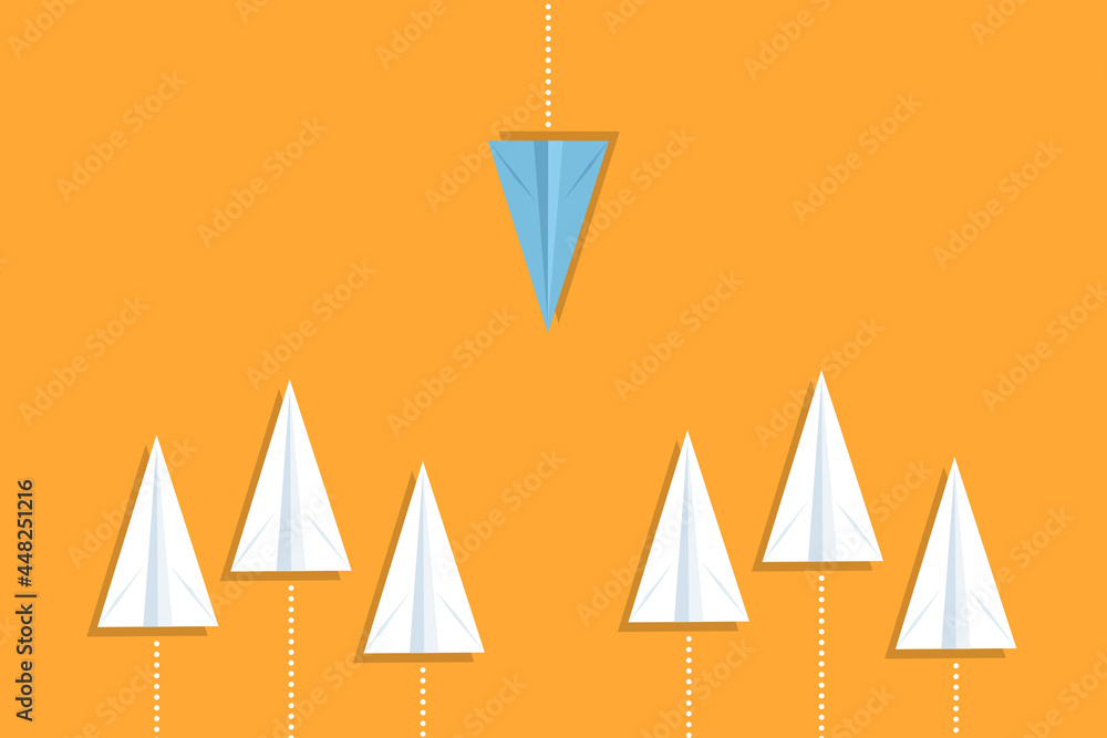 New idea, Innovative vision creative, Unique way and Business for innovative solution. Group of paper airplanes going in one direction and single blue airplane going the opposite. New idea, Innovative vision creative, Unique way and Business for innovative solution. Group of paper airplanes going in one direction and single blue airplane going the opposite.