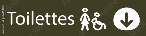 affiche pour indiquer ou sont les toilettes publiques en blanc représenté par une femme et une personne handicapée et une flèche pour indiquer la direction en blanc sur un fond gris vert
