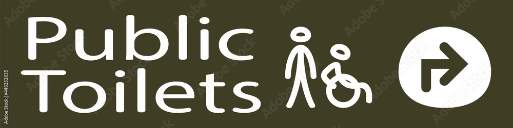 poster to indicate where the public toilets are in white represented by a man and a disabled person and an arrow to indicate the direction in white on a green gray background poster to indicate where the public toilets are in white represented by a man and a disabled person and an arrow to indicate the direction in white on a green gray background