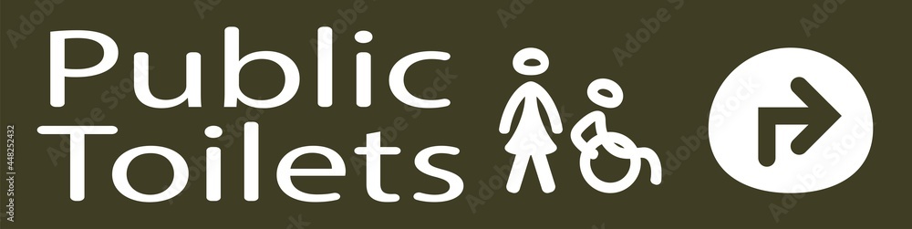 poster to indicate where the public toilets are in white represented by a woman and a disabled person and an arrow to indicate the direction in white on a green gray background poster to indicate where the public toilets are in white represented by a woman and a disabled person and an arrow to indicate the direction in white on a green gray background
