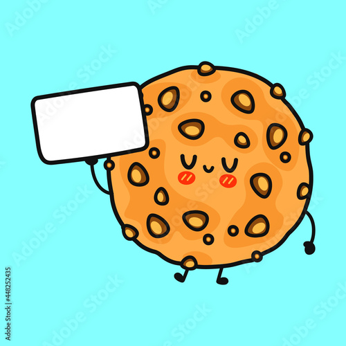 Cute funny oatmeal cookies with poster. Vector hand drawn cartoon kawaii character illustration icon. Isolated on blue background. Oatmeal cookies think concept