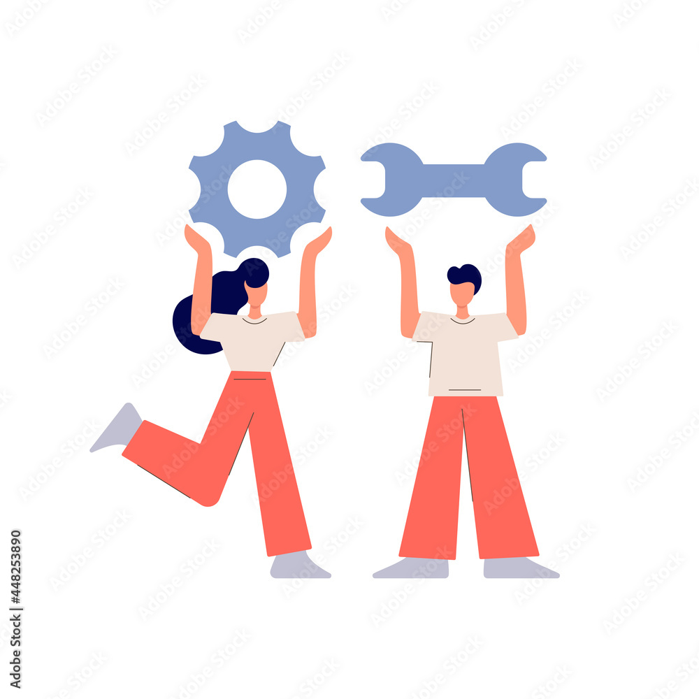 A man and a woman are holding settings icons. Flat vector illustration isolated on white background.