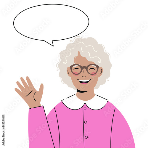 Illustration Old lady with a greeting gesture. Elderly woman  says hello!	