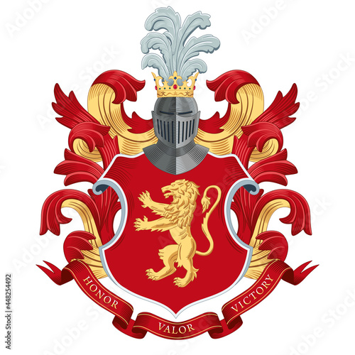 Family coat of arms. Golden lion on a heraldic red shield. Vector graphics
