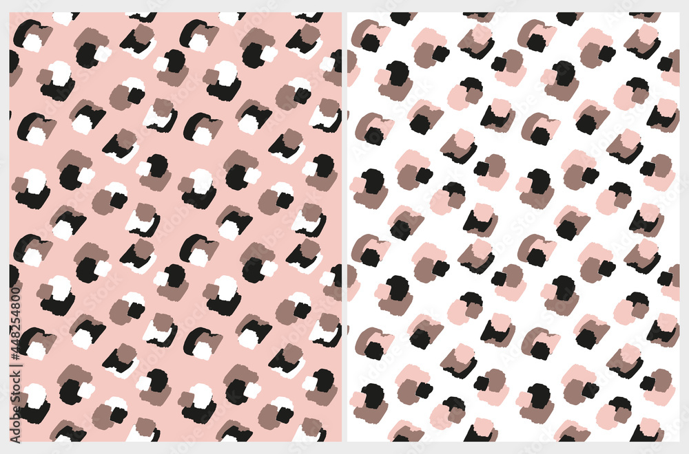 Abstract Leopard Skin Seamless Vector Patterns. Pink, Brown and Black Irregular Brush Spots on a White and Pink Backgrounds. Abstract Wild Animal Skin Print. Simple Irregular Geometric Design. Abstract Leopard Skin Seamless Vector Patterns. Pink, Brown and Black Irregular Brush Spots on a White and Pink Backgrounds. Abstract Wild Animal Skin Print. Simple Irregular Geometric Design.
