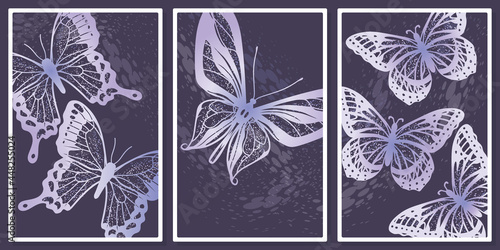 openwork lilac butterflies on a dark background wall art vector set,  for wall art, poster, wallpaper, print

