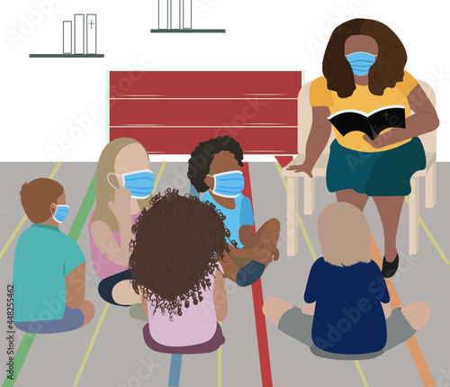 Teacher telling a bible story to Group of Kids Sitting on Floor in the church. 
vector illustration.