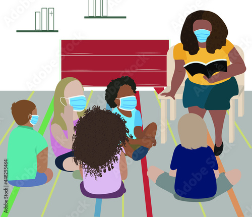 Teacher telling a bible story to Group of Kids Sitting on Floor in the church. 
vector illustration.