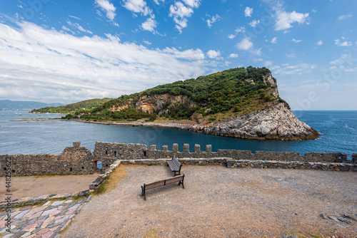 Palmaria Island (Isola di Palmaria) seen from Porto Venere or Portovenere town, UNESCO world heritage site, Gulf of La Spezia, Liguria, Italy, Europe. photo