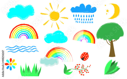 cloud, rainbow, rain, ladybug set of natural elements