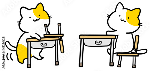 学校の椅子と机に関するねこのイラスト