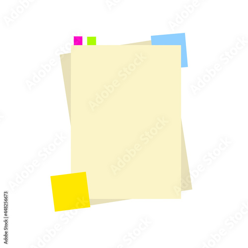 Blank sheet of notebook. Copy space of book or textbook. Training and education. The template for image. List of business document with memo sticker. Flat cartoon