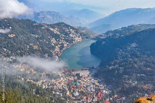 Aerial view of Famous tourist destination Nainital Town in Uttarakhand, India photo