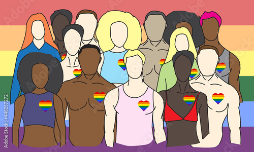 concept vector portrait of pride people, man, woman. LGBT community. LGBTQ. gay, queer, transgender. multiracial. LGBT hearts illustration